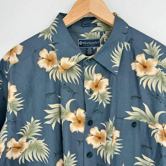 Weekender Mens Blue Hawaiian Floral Fish Print Button Up Shirt Size XL Camp - Picture 4 of 10
